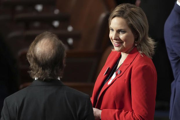 Rep. Ashley Hinson, R-Iowa, talks before President Joe Biden delivers the State of the Union address to a joint session of Congress at the U.S. Capitol, Thursday March 7, 2024, in Washington. 