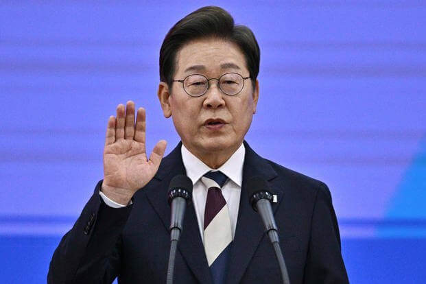South Korea's newly-elected President Lee Jae-myung takes his oath during his inauguration ceremony at the National Assembly