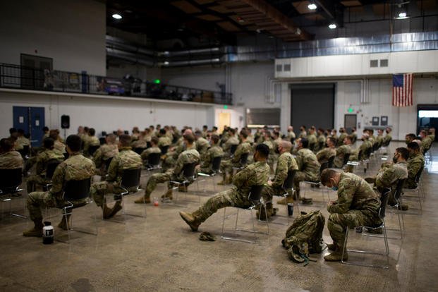 Pictured here are about 150 Oregon Army National Guard members in Medford.