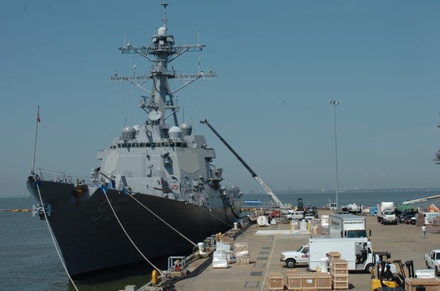 The guided-missile destroyer USS James E. Williams prepares to depart at Naval Station Norfolk, Va., for its May 2, 2006, maiden voyage with the Enterprise Carrier Strike Group.