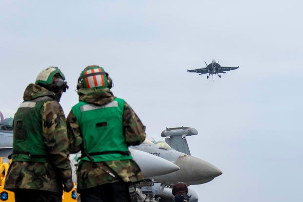 F/A-18F Super Hornet prepares to make an arrested landing