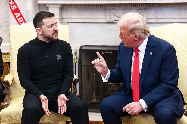 Ukrainian President Volodymyr Zelensky talks with President Trump