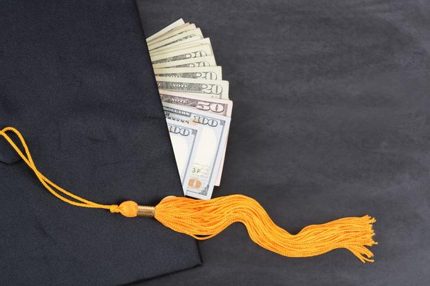 Graduation cap and stack of cash.