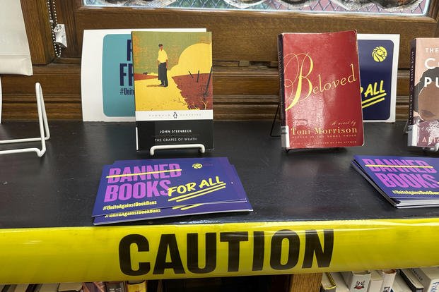 Banned books display at the Mott Haven branch of the New York Public Library in the Bronx
