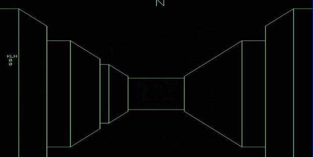 Gameplay of the very old Maze War--a black screen with a maze depicted only by green outlines. 