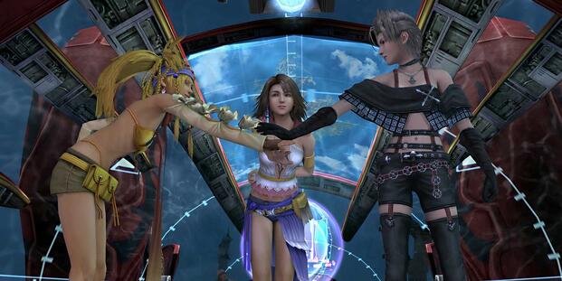 A team huddle in Final Fantasy 10-2