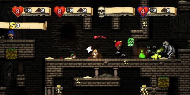 Four players playing together in Spelunky