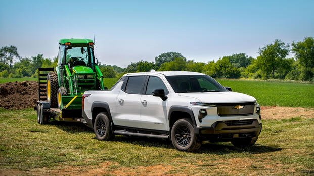 2024 Chevrolet Silverado EV Work Truck White Front Angle Towing Tractor