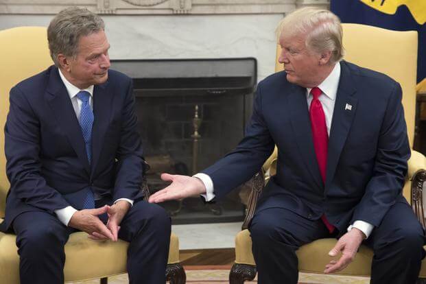 U.S. President Donald J. Trump, right, meets with President Sauli Niinisto of Finland in the Oval Office of the White House on Aug. 28, 2017. Getty Images