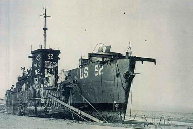 LCI(L)-92 taken by USCG Combat Photographer on Omaha Beach of Normandy, France several days after D-Day, June 6, 1944.
