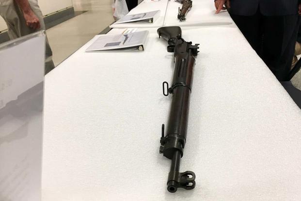 An M1917 Enfield Rifle from World War I was on display at the Pentagon following a ceremony to commemorate the 100th anniversary of the U.S. military entering WWI. (Matt Cox/Military.com)