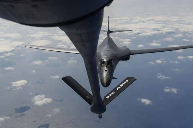A U.S. Air Force B-1B Lancer assigned to the 9th Expeditionary Bomb Squadron, deployed to Andersen Air Force Base, Guam, receives fuel from a KC-135 Stratotanker over the Pacific Ocean March 10, 2017. (U.S. Air Force/Airman 1st Class Christopher E. Quail)