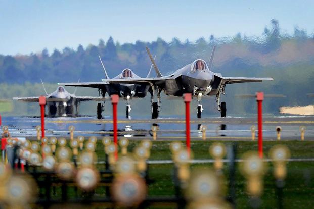 F-35A Lightning IIs from the 34th Fighter Squadron at Hill Air Force Base, Utah, land at Royal Air Force Base Lakenheath, England, on April 15, 2017. (Tech. Sgt. Matthew Plew/Air Force)