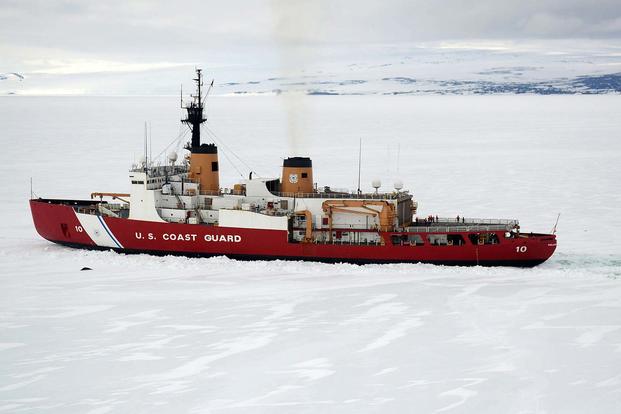 The 40-year-old Polar Star, the Coast Guard’s only operational heavy icebreaker capable of conducting Antarctic ice operations, carves a channel in ice near Ross Island on Jan. 16, 2017. (Chief Petty Officer David Mosley/Coast Guard)