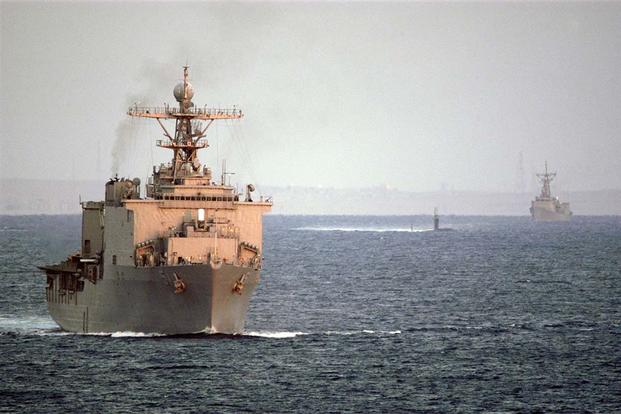 Dock landing ship USS Oak Hill (LSD 51) transits the Gulf of Suez, after completing the passage of the Suez Canal. (U.S. Navy/Mass Communication 2nd Class Jeremy L. Grisham)