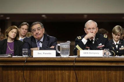 Outgoing Defense Secretary Leon Panetta, and Joint Chiefs Chairman Gen. Martin Dempsey, testify on Capitol Hill in Washington, Thursday, Feb. 7, 2013.