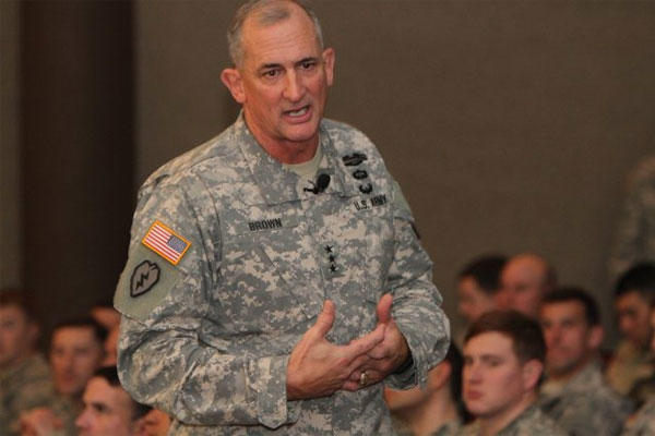 Lt. Gen. Robert Brown, U.S. Combined Arms Center commanding general, speaks to a group of Soldiers in Fort Sill's Kerwin Auditorium, Jan. 20, 2015. (U.S. Army photo) 