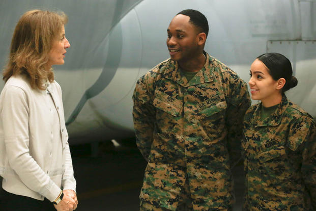 Caroline B. Kennedy, U.S. ambassador to Japan, speaks to Marines with Marine Aerial Refueler Transport Squadron 152 (VMGR-152) at Marine Corps Air Station Iwakuni, Japan, Jan. 28, 2016. (Photo: Cpl. Nicole Zurbrugg)