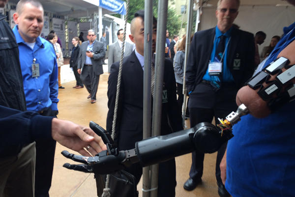 Johnny Matheny of Port Richey, Florida, visited the Defense Department’s courtyard on Wednesday, May 11, 2016, to show off a prosthetic limb developed in part by DARPA. (Photo by Bryant Jordan/Military.com) 