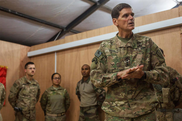 U.S. Army Gen. Joseph Votel, Commander of the United States Central Command, thanks U.S. and coalition forces at Qayyarah West Airfield, Iraq, Oct. 25, 2016. (U.S. Army/Spc. Christopher Brecht)