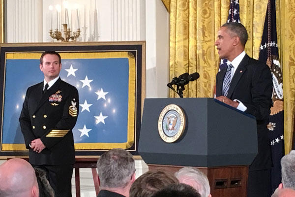 Senior Chief Special Warfare Operator Edward Byers receives the Medal of Honor from President Obama at a White House ceremony in Washington, Monday, Feb. 29, 2016. (Photo: Military.com/Hope Hodge Seck)