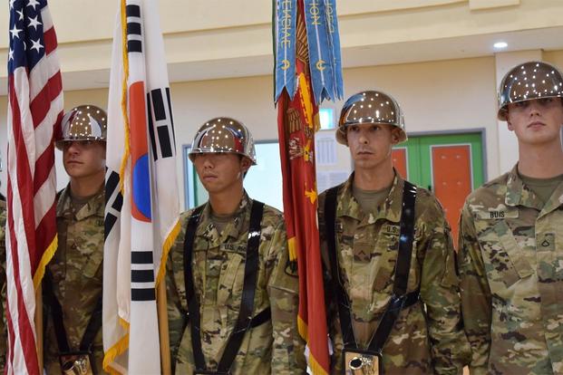 Members of 6th Battalion, 52nd Air Defense Artillery Regiment color guard stand tall during the change of command ceremony at Suwon Air Base, South Korea, July 7. (U.S. Army/Capt. Jonathon Daniell)