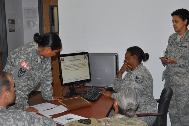 Members of the Arizona National Guard's Joint Task Force Arizona collaborate on a mission statement as part of a JRSOI training event. (U.S. Army/Capt. Matt Murphy)