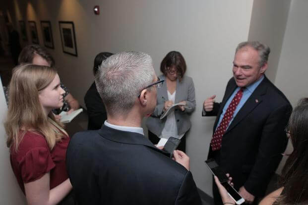 Sen. Tim Kaine, D-Va., talks to reporters during an event on military spouse employment Oct. 23, 2017, in Arlington, Va. (Photo courtesy Consumer Technology Association)