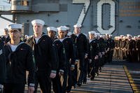 U.S. Navy Sailors aboard Nimitz-class aircraft carrier USS Carl Vinson (CVN 70) man the rails as the ship departs its homeport of San Diego, Jan. 5, 2018. (U.S. Navy photo/Jake Cannady)