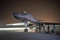 A 34th Expeditionary Bomb Squadron B-1B  Lancer aircraft assigned to the 379th Air Expeditionary Wing prepares to  depart from Al Udeid Air Base, Qatar, in support of the multinational response  to Syria's chemical weapons use.  The B-1B was used as part of a strike on  Syria as part of the U.S. response to Syria's use of chemical weapons. (Phil Speck/Air Force)