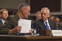 Defense Secretary James N. Mattis and Marine Corps Gen. Joseph F. Dunford Jr., chairman of the Joint Chiefs of Staff, provide testimony on the Fiscal Year 2018 Defense Budget Request to members of the Senate Armed Services Committee in Washington D.C., June 13, 2017. (DoD/Army Sgt. Amber I. Smith)