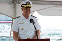 Adm. Phil Davidson speaks at a change of command ceremony in which Rear Adm. Jeff Hughes relieved Rear Adm. Roy Kitchener, commander, Expeditionary Strike Group 2, aboard the amphibious dock landing ship USS Gunston Hall (LSD 44), July 21, 2017. (U.S. Navy photo/Dana Legg)