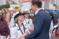 Lt. Cmdr. Amber Cowan, assigned to the Virginia-class fast-attack submarine USS Texas (SSN 775) greets her husband on the submarine pier in Joint Base Pearl Harbor-Hickam, Feb. 14, 2018. (U.S. Navy photo/Michael H. Lee)