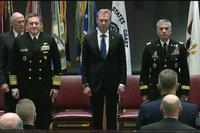 Army Lt. Gen. Paul M. Nakasone takes command of U.S. Cyber Command and the National Security Agency from outgoing chief Navy Adm. Michael S. Rogers during a change-of-command ceremony at Fort Meade, Md., May 4, 2018, (Screen grab from DoD webcast)