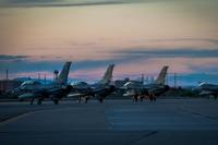 F-16 Fighting Falcons sit on the runway at Holloman Air Force Base. (Air Force Photo)