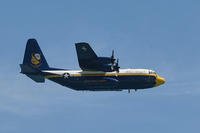 The U.S. Navy Flight Demonstration Squadron, the Blue Angels' C-130, Fat Albert, passes in front of the crowd at the 2018 Pensacola Beach Air Show, July 14, 2018. (U.S. Navy photo/Jess Gray)