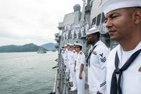 Sailors aboard the guided-missile destroyer USS Stockdale (DDG 106) man the rails for an international fleet review during Multilateral Naval Exercise Komodo (MNEK) 2016. (U.S. Navy/Mass Communication Specialist 2nd Class Andrew P. Holmes)