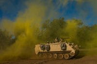 U.S. Army Reserve combat engineer Soldiers from the 374th Engineer Company, of Concord, California, ride through a berm in an M113 Armored Personnel Carrier on a combined arms breach during a Combat Support Training Exercise (CSTX) at Fort Hunter Liggett, California, July 22, 2018. (U.S. Army Reserve photo/Michel Sauret)