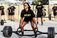 Master Sgt. Amy Prince of the Army's 101st Airborne Division attempts to lift 280 pounds, during an Army Combat Fitness Test last August at Bagram Airfield, Afghanistan. (US Army photo/Verniccia Ford)