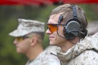 Cpl. David Dudley, Expeditionary Air Field, uses proper eye and ear protection during the 5th annual Combat Shooting Competition Oct. 28, hosted by Weapons Training Battalion aboard Marine Corps Base Quantico. (U.S. Marine Corps/Ida Irby)