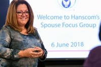 Brandi Ruiz, left, Airman &amp; Family Readiness Center chief, speaks with a spouse during a Key Spouse Orientation Training focus group at the Community Support Center at Hanscom Air Force Base, Mass. (Air Force/Todd Maki)