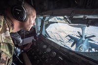 U.S. Air Force Tech. Sgt. Daryl Gladstein, a boom operator assigned to the 340th Expeditionary Air Refueling Squadron, refuels an F-16 Fighting Falcon over the skies of Afghanistan on Jan. 17, 2018. (U.S. Air National Guard photo/Phil Speck)