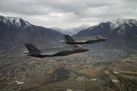 Two U.S. Air Force F-35A Lightning IIs, assigned to the 4th Fighter Squadron from Hill Air Force Base, Utah, fly over the base and the surrounding area on Feb 14, 2018. (Andrew Lee/U.S. Air Force)