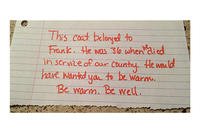 A note left in the coat of CW3 Frank Buoniconti as it was donated to a homeless man. (Courtesy of Kryste Buoniconti)