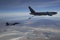 A KC-46A Pegasus aerial refueling aircraft connects with an F-15 Strike Eagle test aircraft from Eglin Air Force Base, Florida, on Oct. 29th, 2018. (U.S. Air Force/Master Sgt Michael Jackson).