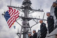 Sailors man the rails aboard the Arleigh-Burke class guided-missile destroyer USS Jason Dunham (DDG 109) as the ship pulls into Naval Station Norfolk. (U.S. Navy/Jonathan Clay)