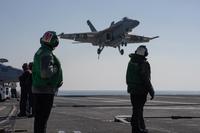 A U.S. Navy F/A-18E Super Hornet aircraft, assigned to Strike Fighter Squadron (VFA) 97, lands on the flight deck of the aircraft carrier USS John C. Stennis (CVN 74) in the Arabian Gulf, Jan. 5, 2019. (U.S. Navy/Mass Communication Specialist Seaman Joshua L. Leonard)