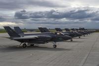 Ten F-35C Lightning II jets assigned to the &quot;Argonauts&quot; of Strike Fighter Squadron (VFA) 147 sit on the flight line at Naval Air Station Lemoore.  (U.S. Navy Photo by MC1 Gil Bolibol)