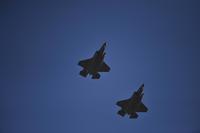Two F-35A Lightning IIs assigned to the 4th Expeditionary Fighter Squadron fly overhead prior to their first landing at Al Dhafra Air Base, United Arab Emirates, April 15, 2019. (U.S. Air Force/Senior Airman Mya M. Crosby)