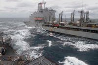 The Arleigh Burke-class guided-missile destroyer USS Stethem (DDG 63) prepares to receive cargo from the fleet replenishment oiler USNS Pecos (T-AO 197) during a replenishment-at-sea, Feb. 11, 2019. (U.S. Navy photo/Isaac Maxwell)